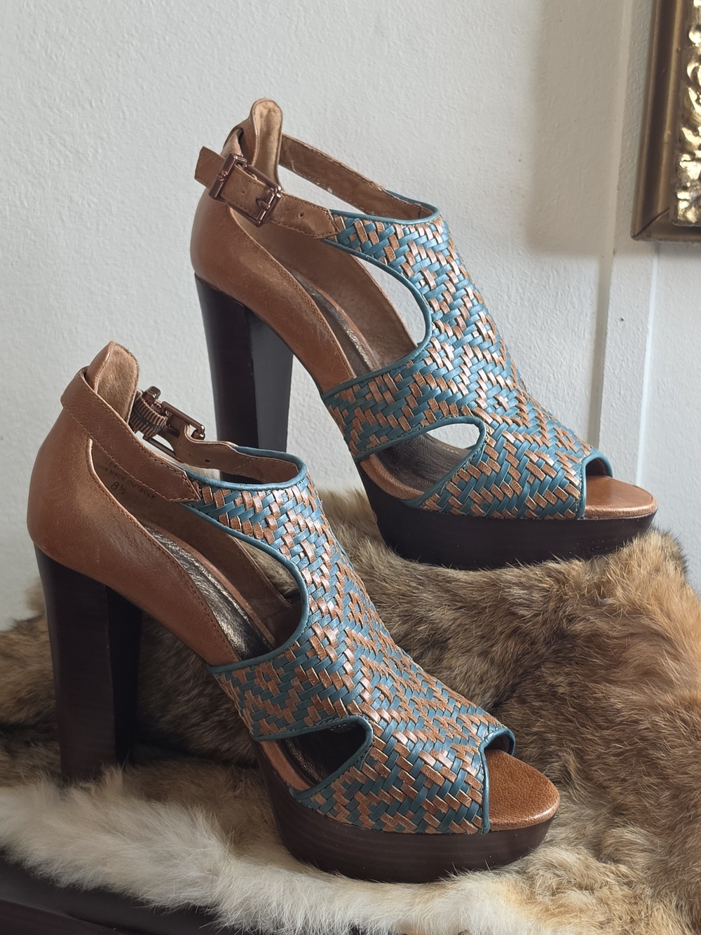 Elliot Lucca Women Brown Green Braided Leather  High Platform Shoes Size 8.5